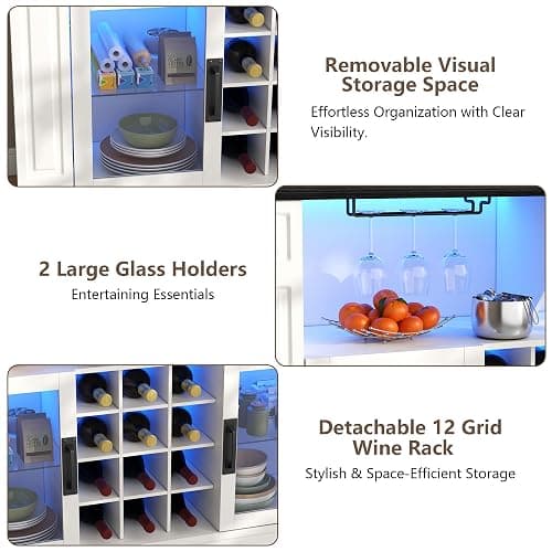 Gyfimoie Wine Bar Cabinet with LED Light, Kitchen Coffee Bar Cabinet with Glass Rack and Removable Wine Racks, Liquor Cabinet with Glass Door, Home Bar with Storage for Dining Room, Living Room thumbnail 4
