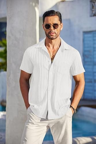 COOFANDY Men's Casual Button Down Shirts Short Sleeve Textured Summer Beach Shirt with Pocket thumbnail 2