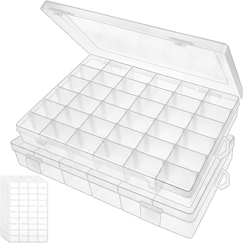 Bead Organizer Storage 2 Pack 36 Grid Jewelry Tackle Craft Box Adjustable | Clear Plastic, Adjustable Dividers, Label Stickers Included, for Beads Jewelry Crafts Fishing Tackle and Small Parts - Image 1