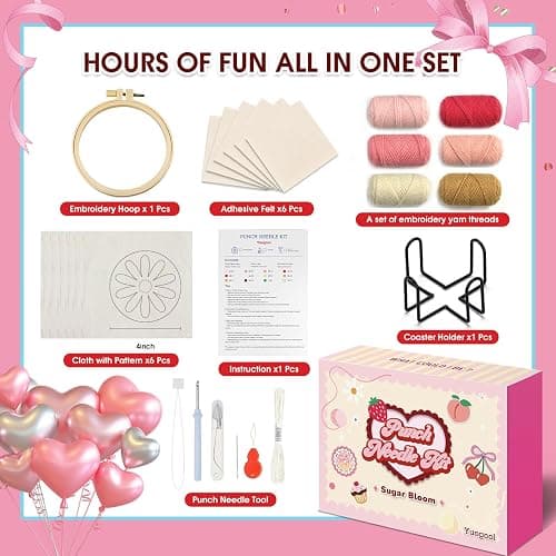 yuegool 6PCS Punch Needle Coaster Kit, Easy DIY Embroidery Set for Beginners & Adults with Patterns, Tools, Yarns, Hoop, Instructions & Coaster Holder thumbnail 2