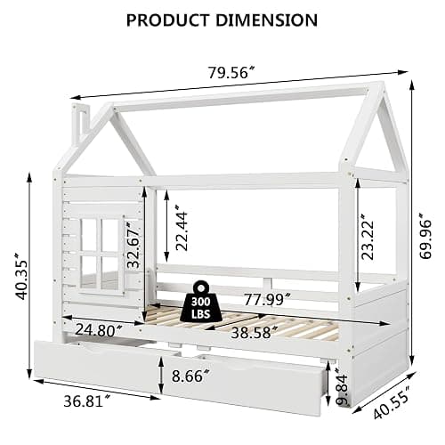 Aoowow Twin Size Kids House Bed with 2 Drawers, Wooden Twin Bed Frame with Window and Roof for Bedroom, Modern Twin Size Kid Playhouse Bed with Slats for Boys Girls, Can be Decorated, White thumbnail 2