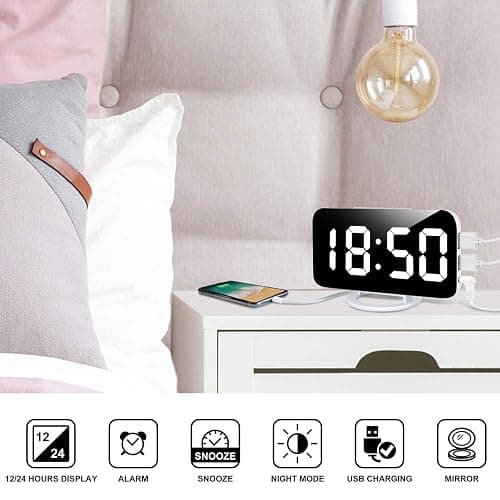 Lamisola White Digital Alarm Clock for Bedrooms, Large LED Mirror Despertador Digital Clocks, Nightstand Bedside Desk Table Clocks for Bedroom Office Living Room, USB Powered thumbnail 3