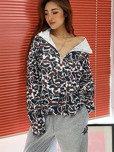 RSGMU Oversized Quarter Zip Pullover Women Camo Zip Up Hoodie Purple Camo Hoodie Womens Colorful Patchwork Graphic Hoodies thumbnail 2