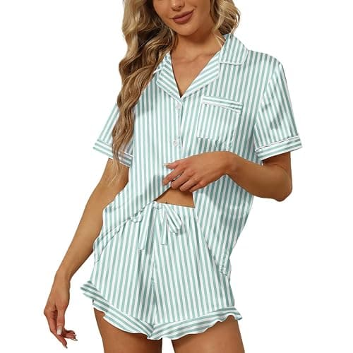 SAPJON Satin Silk Pajamas for Women 2Pcs Ruffle Notch Collar Sleepwear Button Down Short Sleeve Shorts Pjs Set Loungewear - Image 1