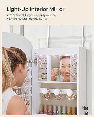SONGMICS Jewelry Organizer, LED Jewelry Cabinet, Wall/Door Mounted | Rounded Wide Mirror with Storage, Cloud White Surface with Tan Lining, AILEAS Collection UJJC026W01 thumbnail 7