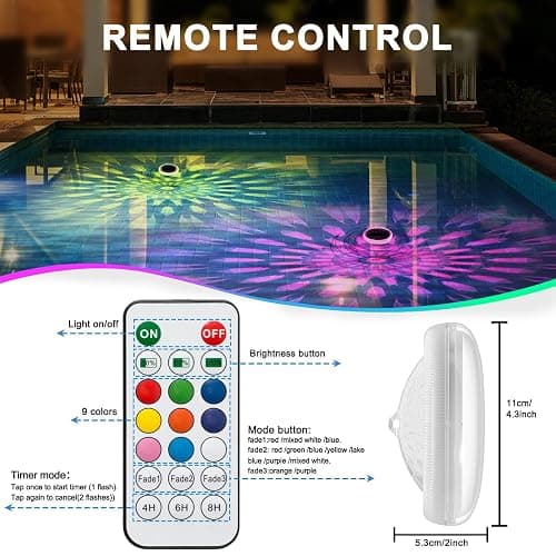 MATEPROX Solar Floating Pool Lights, Rechargeable RGB Pool Light with Remote Control, 9 Lighting 3 Mode, IPX7 Waterproof for Swimming Pool, Garden, Bathtub, Indoor Parties(1 PCS) thumbnail 4
