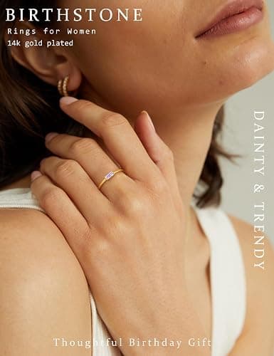 RLMOON Gold Birthstone Rings for Women Non Tarnish Gold Stackable Rings Dainty 14K Gold/Silver Plated Baguette CZ Emerald Green Ring Personalized Jewelry Gift for Birthday Size 4-10 thumbnail 3