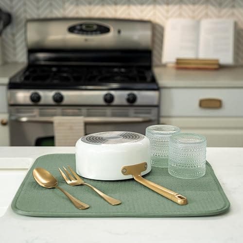 S&T INC. Dish Drying Mat, 16” x 18”, Absorbent Microfiber Kitchen Counter Mat, Dish Drying Pad for Dishes, Utensils, Pots and Pans, Large, Sage Green thumbnail 5