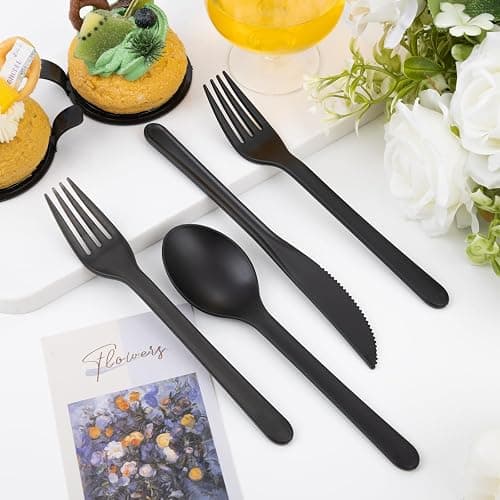 Supernal 180pcs Matte Black Reusable Plastic Utensils Silverware Set | Wheat Straw Reusable Cultery Flatware Set Dishwasher Safe (60 Forks, 60 Knives, 60 Spoons) for Party, Picnic & Everyday Use thumbnail 5