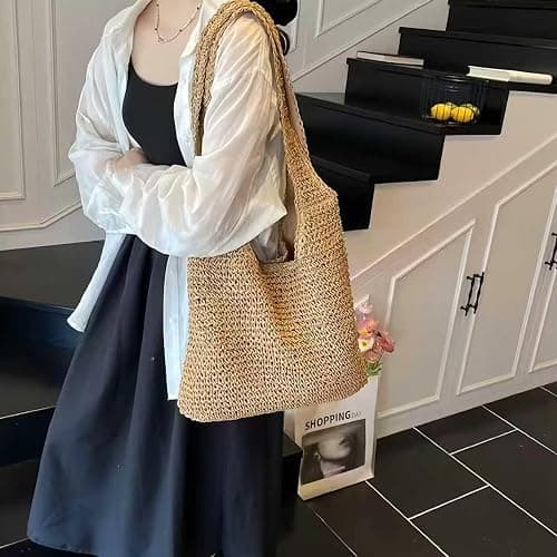 QTKJ Hand-woven Soft Large Straw Shoulder Bag Boho Straw Handle Tote Retro Summer Beach Bag Rattan Handbag thumbnail 3