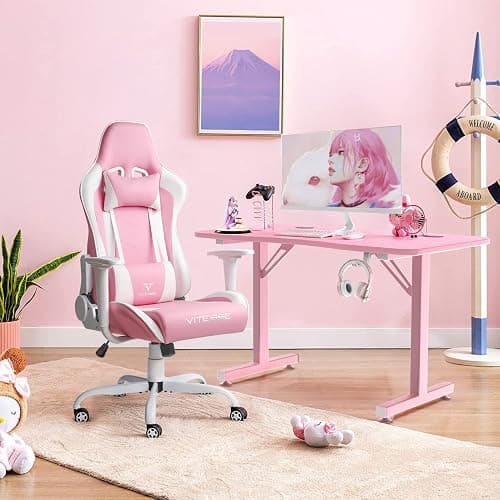 Pink Gaming Chair for Girl, Cute Kawaii Racing Office Desk Chair,Adjustable High Back Swivel Leather Game Chair with Lumbar Support and Headrest thumbnail 2