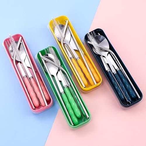 Facune 4 Colors Portable Travel Utensils with Case, Reusable Stainless Steel Cutlery Include Knife Fork Spoon Straw for Travel Camping Office thumbnail 7