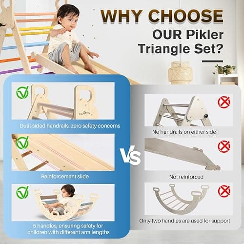 BlueWood Pikler Triangle Set 7in1 Foldable Baby Climbing Toys Wooden Montessori Climbing Set with Arch&Ramp&Ladder Baby Climber Indoor Jungle Gyms for Toddlers Montessori Toys - Mauve Pink - Mauve Pink thumbnail 6