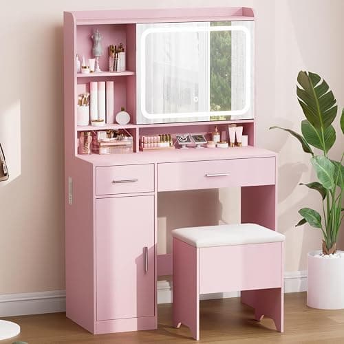 Hogxp Vanity Desk with Sliding Mirror & Power Outlets - Dimmable LED Lighting, 4 Open Shelves, 2 Drawers, 1Storage Cabinet & Padded Stool - Ideal Bedroom Makeup Dressing Table （Pink） thumbnail 2