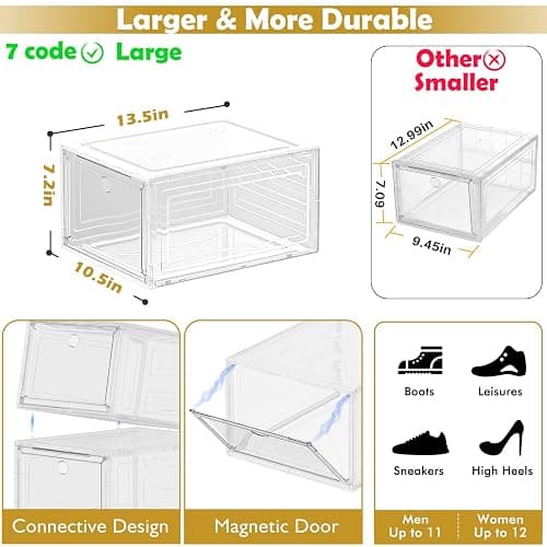 Thicken & Sturdy Clear Shoe Storage Organizer with Magnetic Door, Stackable Boxes for Closet, Foldable Space-Saving Shoe Rack for Sneaker Boot Container, Plastic Shoe Cabinet Shoe Box 6 Pack, White thumbnail 3