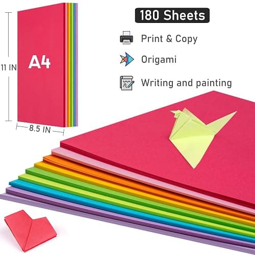 Colored Copy&Print Paper 8.5X11 Inches,180 Sheets 9 Colors Rainbow A4 Printer Paper 20 lb/90GSM Colored Origami Paper for Cutting DIY Art Craft thumbnail 4