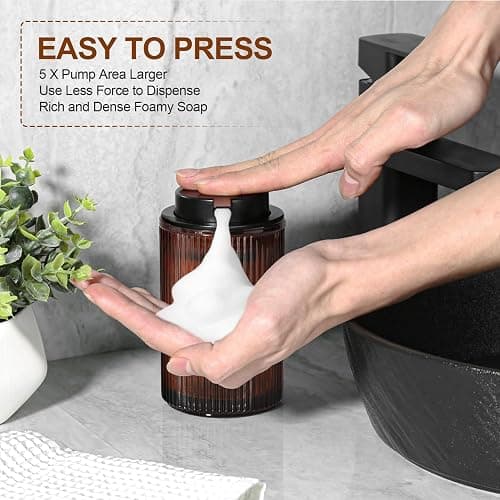 KASUNTING Foaming Soap Dispenser, Amber Glass Foam Hand Soap Dispenser for Bathroom, 11 Fl Oz Ribbed Refillable Foaming Pump Bottle with Black Pump, Modern Dish Soap Foam Dispenser thumbnail 3