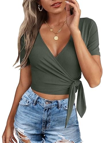 Crop Tops for Women Summer Cute Tops with Deep V Neck Shirts Sexy Unique Cross Wrap Slim Fit Tie Up Front Short Sleeve - 103-grey Green - Small - Image 1