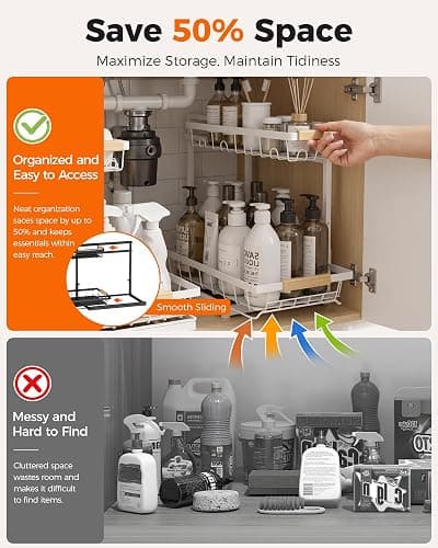 Sevenblue 2-Pack 2-Tier Height Adjustable Under Sink Organizer & Storage | Multi-purpose storage for kitchen & bathroom cabinet. Large white shelf, height adjustable design for space-saving. thumbnail 3