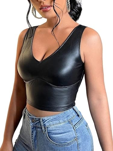 Floerns Women's PU Leather V Neck Solid Sleeveless Camisole Crop Tank Top - X-Small - Black