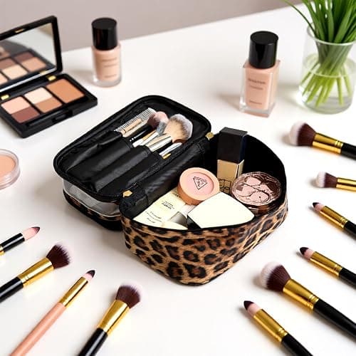 imerelez Double-layer Cosmetic Bag Makeup Bag Travel Makeup Bag Makeup Bags for Women Cosmetics Cases Portable Waterproof Foldable (Leopard) thumbnail 2