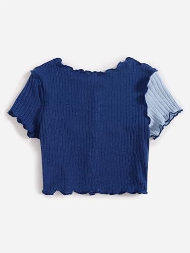 Milumia Girl's Rib Knit Color Block Crop Tee Short Sleeve Lettuce Trim Crewneck Tshirt thumbnail 2