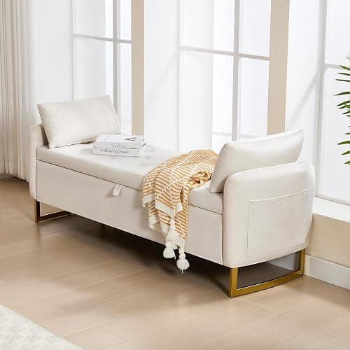 HOMYKA 65" Storage Ottoman Bench, Velvet Storage Bench for Bedroom, End of Bed Storage Bench with Tufted Upholstered and Gold Legs, Bedroom Benches with Arms for Living Room Window and Entryway Beige thumbnail 7