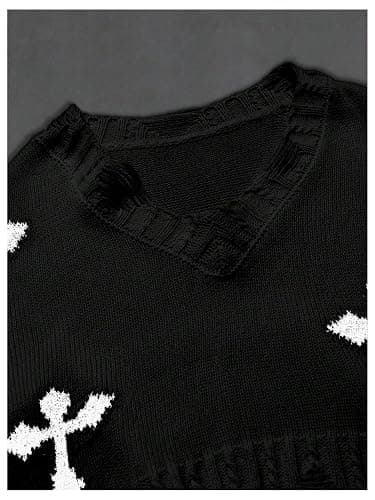 Floerns Girl's Gothic Cross Long Sleeve Sweater V Neck Fall Outfit Ripped Y2k Pullover Tops thumbnail 4