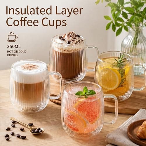 Set of 4 Double Walled Glass Mug Set, 350ml Double Walled Insulated Drinking Glass Coffee Mugs with Handle, Insulated Layer Coffee Cups, Clear Glass Mugs for Latte, Cappuccinos, Tea Bag, Juice thumbnail 6