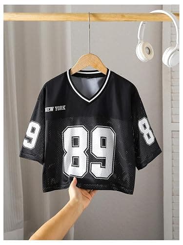 RoseSeek Girl's Jersey Shirts Number Graphic Tees Half Sleeve Hip Hop Y2k Crop Tops Football Jersey thumbnail 3