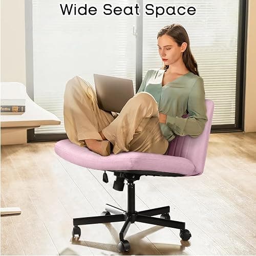 PUKAMI Criss Cross Chair with Wheels,Fabric Padded Armless Cross Legged Office Desk Chair for Home Office,Modern Swivel Height Adjustable Wide Seat Computer Task Vanity Chair(Pink) thumbnail 3