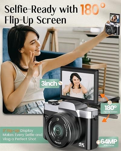 4K Digital Camera for Photography with WiFi,64MP Autofocus Vlogging Camera for YouTube,3'' 180° Flip Screen Compact Travel Camera for Teens with 32GB SD Card,16X Zoom,Anti-Shake,2 Batteries(Black) thumbnail 5