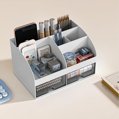 COMFYROOM Desk Organizer with 6 Compartments and 2 Drawers, Plastic Makeup Organizer, Pen Holder for Desktop Storage, Desk Organization for School, Home, Office Supplies (Grey) - Grey thumbnail 2