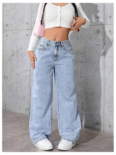 GORGLITTER Girl's Cute Baggy Wide Leg Jeans Elastic High Waisted Denim Pants Bottoms with Pockets thumbnail 4