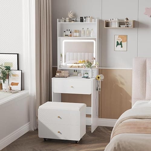 Vabches Make Up Vanity Desk with Mirror and Lights, White Vanity Table Set with Charger Station,Girls Small Vanity and Storage Chair thumbnail 3