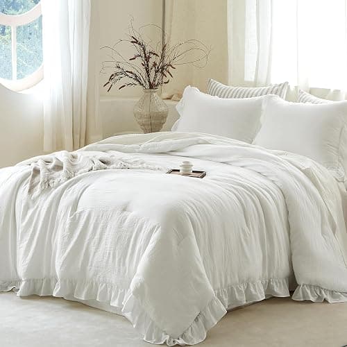 softpage White Ruffle 2 Pieces Comforter Set Twin Shabby Chic Bedding Set | Pre-Washed Lightweight Cottagecore Soft Romantic Cozy 1 Comforter & 1 Sham All-Season thumbnail 6