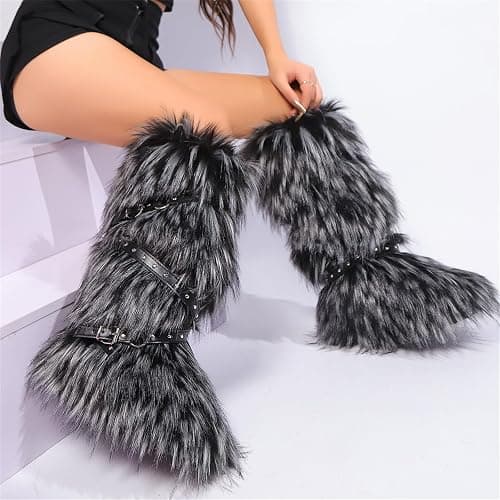 YFJNV Fur boots for women, Pink fuzzy boots with y2k style, Tall furry boot for winter, Comfortable shoes thumbnail 4
