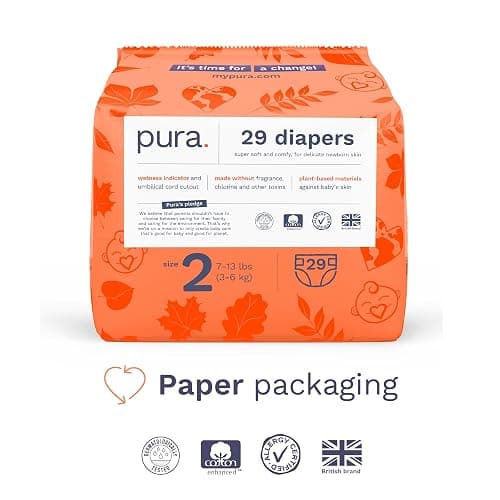 Pura Hypoallergenic Diapers, Size 2 (7-13 lbs) Totally Chlorine Free, Wetness Indicator, Suitable for Sensitive Skin, Soft Organic Cotton, Overnight, 3 Packs of 29 (87 Baby Diapers) thumbnail 2