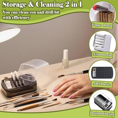 FANTEXY 2-in-1 Nail Drill Bit Holder And Cleaner Brush Case | ﻿30 Holes Dustproof Organizer with Nylon/Copper Brushes,Manicure Tools Storage Box(Nail Drill Bits are Not Include) thumbnail 3