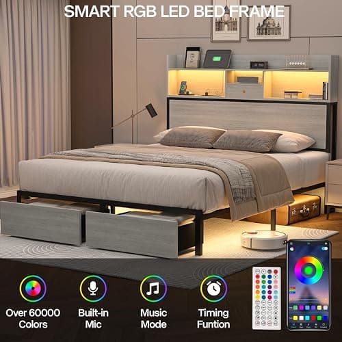 Siihnon Queen Bed Frame with Headboard and LED Lights, 51.2" Bookcase Tall Bed Frame Queen Size with Storage Drawers and Charging Station, Platform Metal Bed Frames, No Box Spring Needed, Grey thumbnail 6