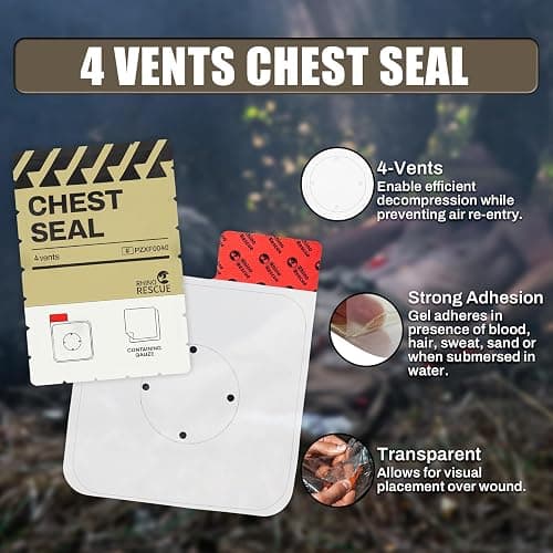 RHINO RESCUE Vented Chest Seal, 4 Vents, Sterile Emergency Trauma Dressing, Occlusive Adhesive Pad, IFAK Trauma Refill Medical First Aid Supplies for Wound Care, Gunshot Wound, Sucking Chest(2 Count) thumbnail 2