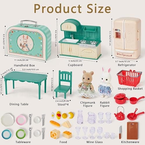 Dollhouse Kitchen Furniture Suitcase Set for Kids, 2 Flexible Dolls/Dining Tble/Kitchenware/Tableware/Refrigerator/Bread, Pretend Play Dollhouse Accessories Christmas Birthday Gift for Girls Ages 3+ thumbnail 3