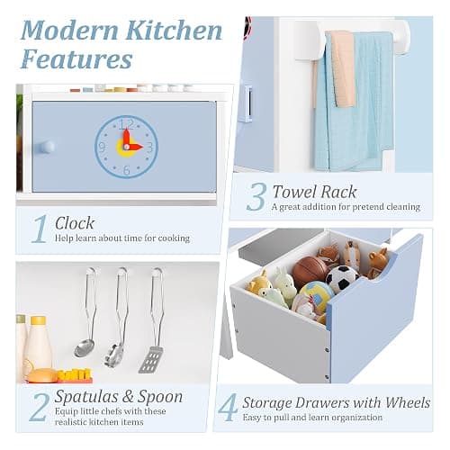 Keyluv Wooden Play Kitchen for Kids and Toddler, Montessori Toy Kitchen Playset with Plenty of Pretend Play Features and Storage Drawers, Gift for Boys and Girls, Blue thumbnail 6