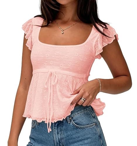 KIGRAD Women Boho Floral Mesh Layered Ruffle Peplum Crop Tank Tops Y2k Tie Front Cap Sleeve Lettuce Babydoll Cami Shirts thumbnail 5