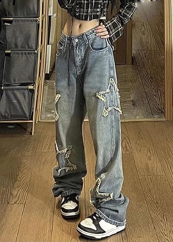 AULKEEP Womens Star Print Gradient Jeans Loose Ripped Graphic Pants Punk High Waist Bottom Jeans with Pocket thumbnail 2