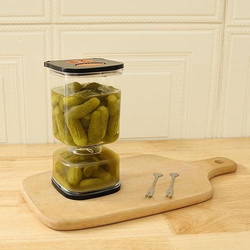 ZJRDYYK Pickle Jar with Strainer, Clear Plastic Pickle Container with Airtight & Leakproof Lid for Dining Table, Refrigerator, Hourglass Pickles Juice Separator Jar for Olives, Gherkins (Black) thumbnail 2