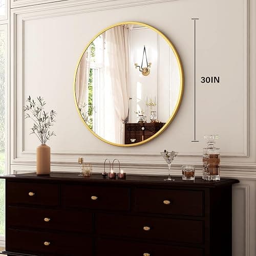 HARRITPURE Round Mirror 30 Gold Wall Mounted Circle Mirrors Vanity Mirror with Brushed Aluminum Alloy Frame Modern Decoration for Bathroom, Living Room, Vanity, Bedroom, Entryway thumbnail 7