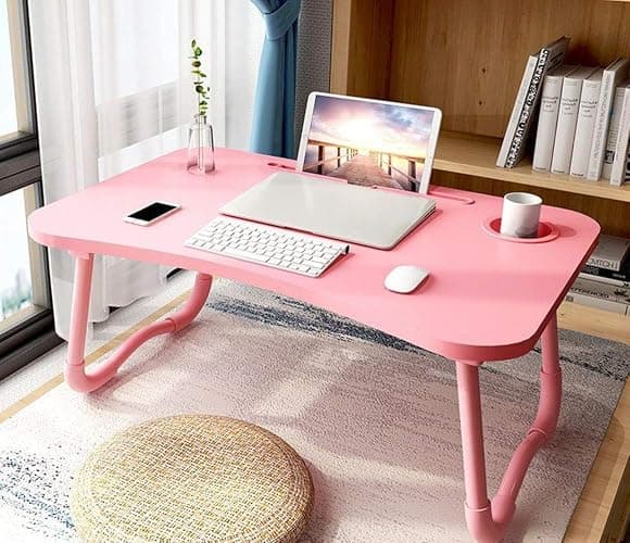Laptop Desk Foldable Bed Table, Portable Lap Desk Laptop Bed Tray Table with Storage Drawer and Cup Holder, Lap TraysTables Notebook Stand Reading Desks Breakfast Tray for Beds Couch Sofa Floor – Pink thumbnail 6