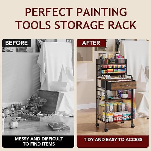Homsorout Art cart, 3 Tier Rolling Cart - Utility Cart with Storage Drawer and Wheels, Versatile Art & Craft Organizer for Home, Office, or Studio Ideal for Storing Brushes, Paints （Brown） thumbnail 7