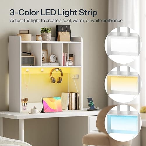 HOOBRO Desktop Bookshelf, Office Desktop Shelf, Desk Hutch with Outlets, Wooden Office Desktop Bookcase, Desktop Organizer Shelf with LED Light Strip and 3 Hooks, for Home, Study, White WT12UDSJ01 thumbnail 4